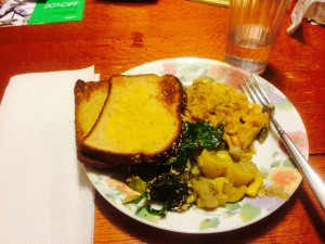 My dinner of rice and veggies, squash, salad and multi-grain garlic toast 